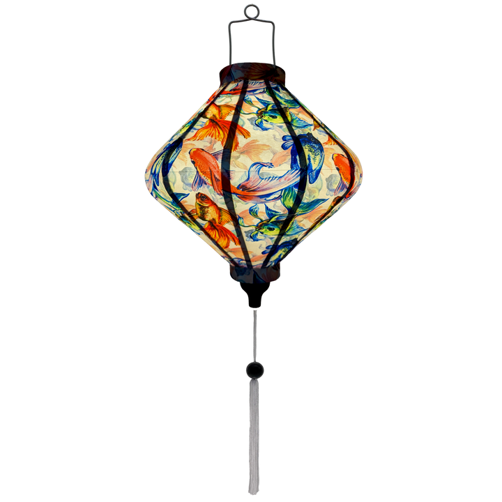 Lozenge shaped glowing traditional Vietnamese lantern featuring, perfect for home decor and lighting.