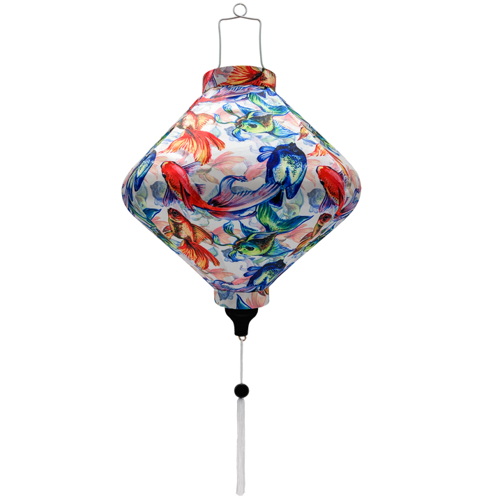 Lozenge shaped traditional Vietnamese lantern featuring, perfect for home, balcony, or festive decor.