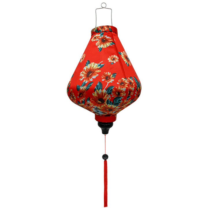 A beautifully handcrafted Hoi An silk lantern featuring a bold red fabric adorned with vibrant sunflower patterns. The lantern has a teardrop-like shape, a black wooden finial, and a red tassel hanging from the bottom, enhancing its traditional charm.