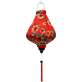A beautifully handcrafted Hoi An silk lantern featuring a bold red fabric adorned with vibrant sunflower patterns. The lantern has a teardrop-like shape, a black wooden finial, and a red tassel hanging from the bottom, enhancing its traditional charm.