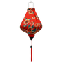 A beautifully handcrafted Hoi An silk lantern featuring a bold red fabric adorned with vibrant sunflower patterns. The lantern has a teardrop-like shape, a black wooden finial, and a red tassel hanging from the bottom, enhancing its traditional charm.