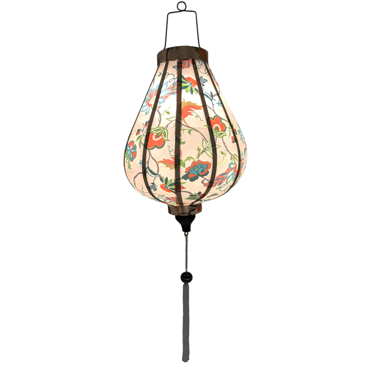 Glowing Garlic shaped Vietnamese Lantern with a beautiful illustration of flowers in blue, green and orange colours against cream background.