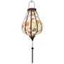 Glowing Garlic shaped Vietnamese Lantern with a beautiful illustration of flowers in blue, green and orange colours against cream background.