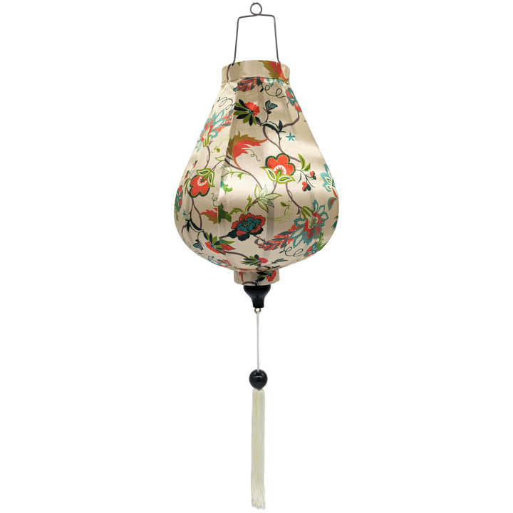 Garlic shaped Vietnamese Lantern with a beautiful illustration of flowers in blue, green and orange colours against cream background.