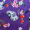 Polyester silk fabric with large cranes and round lanterns, surrounded by pink and white flowers on a purple background.