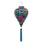 Balloon shaped lantern with blue tassel made with steel, bamboo and fabric with a vibrant and modern floral design on a blue background. 