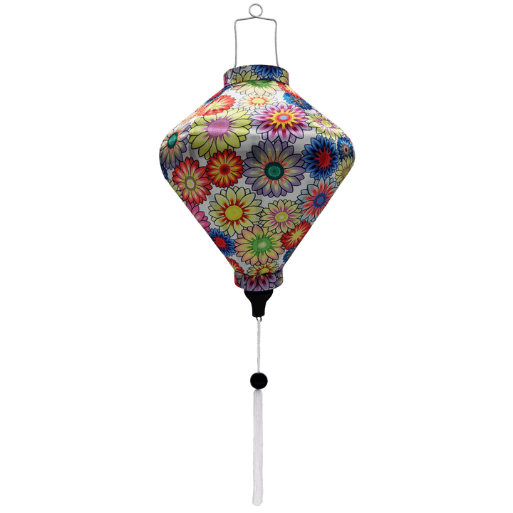 Lozenge shaped lantern with flowers illustration and white tassel.
