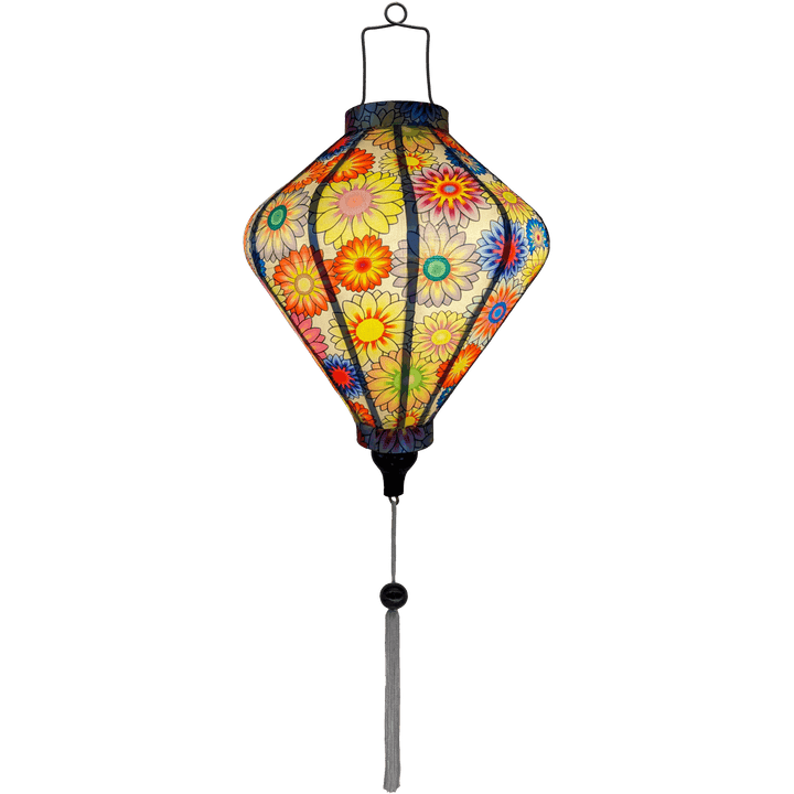 Glowing Diamond shaped lantern with beautiful illustration of flowers.