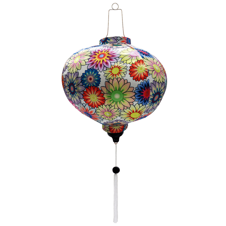 Round shape lantern with white tassel and an illustration of flowers on white background.