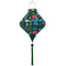 Lozenge shaped lantern with green tassel featuring a print of lush, tropical-inspired design with birds and flowers on a deep green silk fabric.
