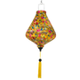 Teardrop shaped lantern with floral pattern on a yellow background with a yellow tassel 