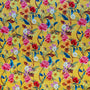 Polyester silk fabric featuring a colourful floral pattern on a yellow background