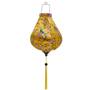 Garlic shape Vietnamese silk lantern with vibrant and colourful print of yellow and bright blue and orange flycatcher birds sitting in a cherry tree. 
