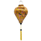 Balloon shaped Vietnamese Hoi An Lantern with yellow tassel and print of  yellow and bright blue and orange flycatcher birds sitting in a cherry tree set against a sunny yellow background. 