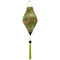 Tube shaped Vietnamese lantern featuring a lush green background with delicate cherry blossoms in full bloom with bright yellow canaries and striking blue and orange flycatchers perched in a tree.