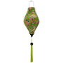 Tube shaped Vietnamese lantern featuring a lush green background with delicate cherry blossoms in full bloom with bright yellow canaries and striking blue and orange flycatchers perched in a tree.