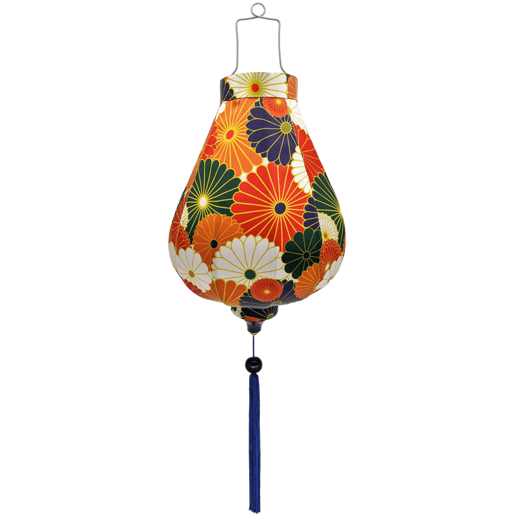 Garlic shaped lantern with flowers with gold outline in colours orange, white, green, and dark blue.
