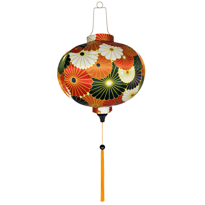 Round shaped lantern with flowers with gold outline in colours orange, white, green, and dark blue.