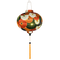 Round shaped lantern with flowers with gold outline in colours orange, white, green, and dark blue.
