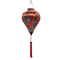 Balloon shaped Vietnamese lantern with red tassel with red, blue, orange, green and yellow paisley print.