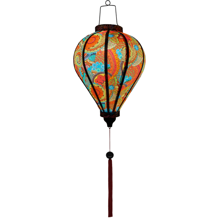 Glowing Balloon shaped Vietnamese lantern with red, blue, orange, green and yellow paisley print.