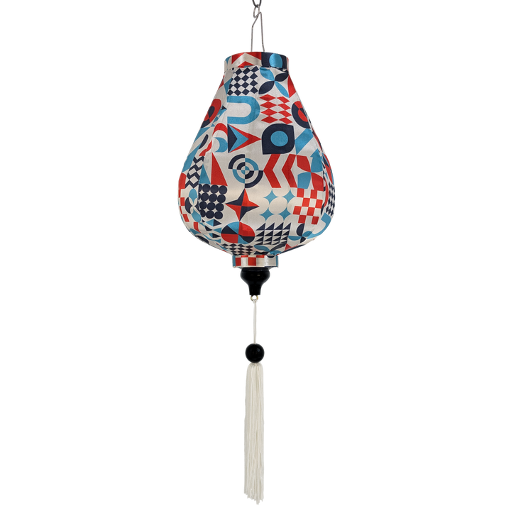 Hanging Garlic shaped silk lantern with geometric pattern on a white background and white tassel