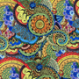 Polyester silk fabric with paisley print of swirls in red, greens, blues and yellows used for creating Vietnamese silk lanterns.