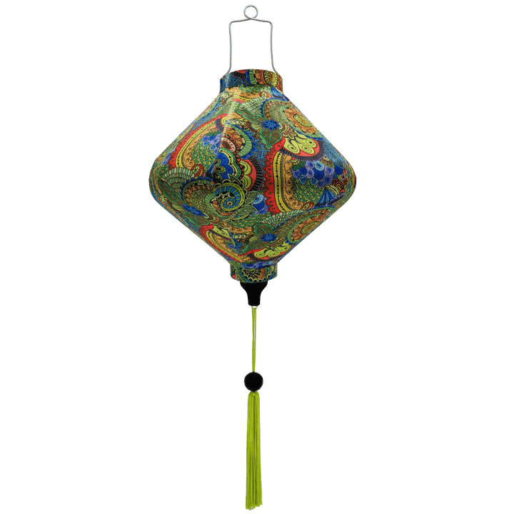 Lozenge shaped lantern with paisley print of swirls in red, greens, blues and yellows.