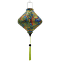 Lozenge shaped lantern with paisley print of swirls in red, greens, blues and yellows.
