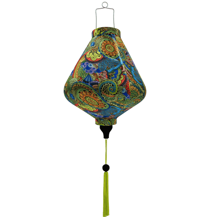 Teardrop shaped lantern with green tassel and paisley print of swirls in red, greens, blues and yellows.
