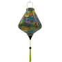 Teardrop shaped lantern with green tassel and paisley print of swirls in red, greens, blues and yellows.