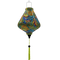Teardrop shaped lantern with green tassel and paisley print of swirls in red, greens, blues and yellows.
