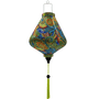 Teardrop shaped lantern with green tassel and paisley print of swirls in red, greens, blues and yellows.