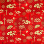 Polyester silk fabric with intricate golden clouds, delicate lotus flowers, elegant fans and symbols against red backdrop.