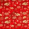 Polyester silk fabric with intricate golden clouds, delicate lotus flowers, elegant fans and symbols against red backdrop.