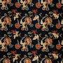 Polyester silk fabric for Vietnamese Hoi An Lanterns featuring golden cranes amongst red and gold lined flowers with subtle grey shimmer of a geometric pattern against black. 