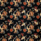 Polyester silk fabric for Vietnamese Hoi An Lanterns featuring golden cranes amongst red and gold lined flowers with subtle grey shimmer of a geometric pattern against black. 