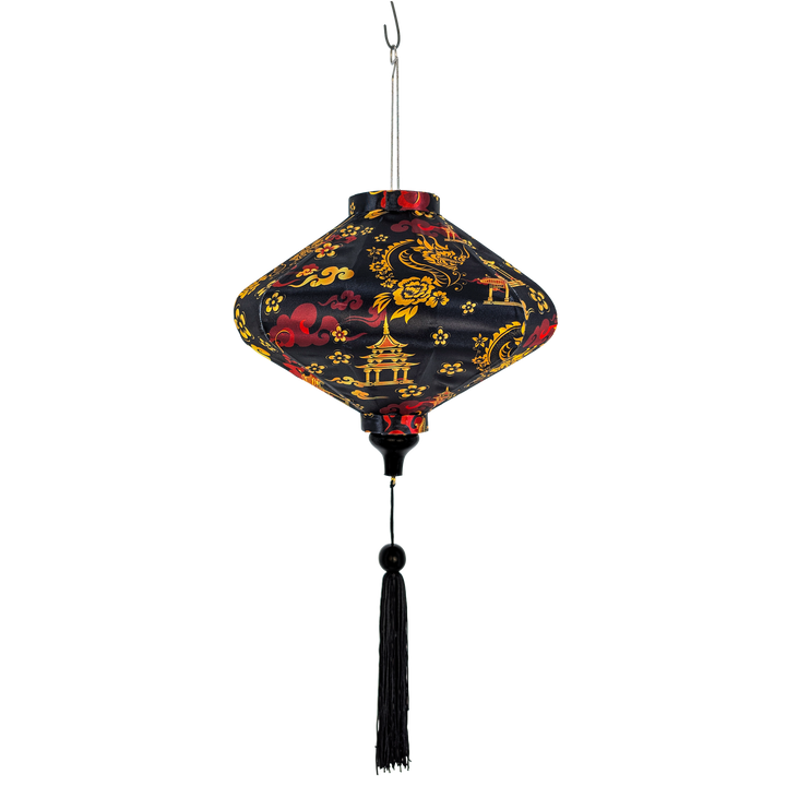 Handmade decorative UFO shaped lantern with golden dragons, red clouds print on black silk fabric with matching black tassel.