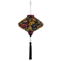 Handmade decorative UFO shaped lantern with golden dragons, red clouds print on black silk fabric with matching black tassel.