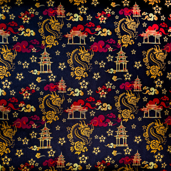 Gold dragons, pagodas, and red clouds on a black background.
