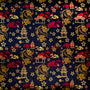Gold dragons, pagodas, and red clouds on a black background.