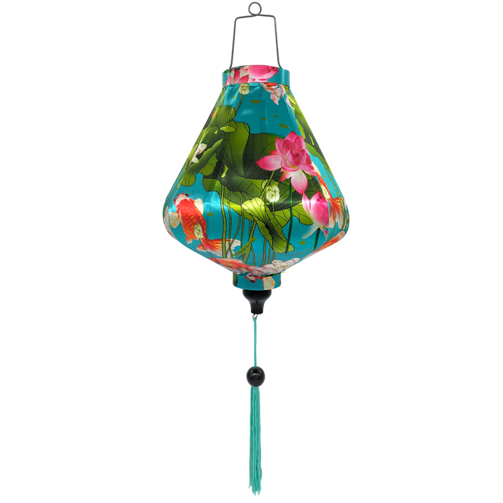 Teardrop shaped Vietnamese Hoi An lantern with a print featuring goldfish and lotus flowers, perfect for garden decoration and ambient lighting.