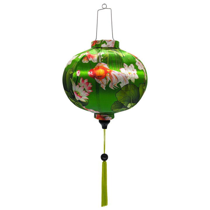 Round Traditional Vietnamese silk lantern with goldfish and floral motif, handmade for indoor and outdoor decor.
