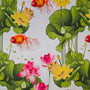 Fabric with a pattern of goldfish, lotus flowers, and leaves on a white background.