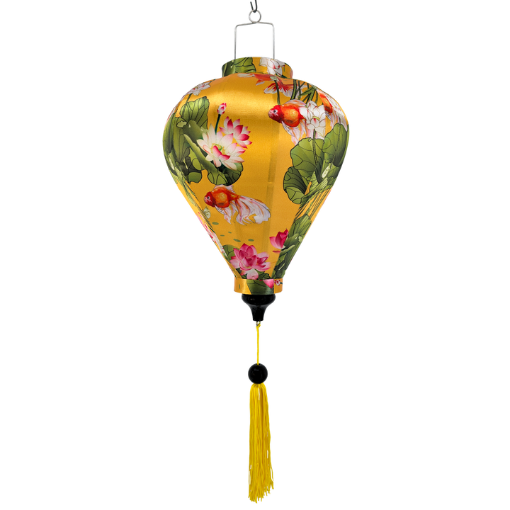 Hanging lantern with gold fish and lotus flowers on a yellow background with yellow tassel.