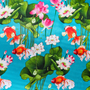 Polyester silk fabric featuring goldfish and pink lotus flowers with large green leaves on blue background, ideal for garden decor and cozy lighting.