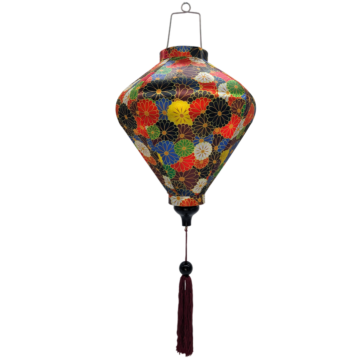 Diamond shaped Vietnamese silk lantern handmade in Hoi An featuring gold lined rainbow of flowers. 
