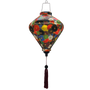 Diamond shaped Vietnamese silk lantern handmade in Hoi An featuring gold lined rainbow of flowers. 