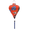 Balloon shaped Vietnamese lantern with red-headed cranes, surrounded by gold and blue flowers on a red background. 