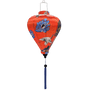 Balloon shaped Vietnamese lantern with red-headed cranes, surrounded by gold and blue flowers on a red background. 